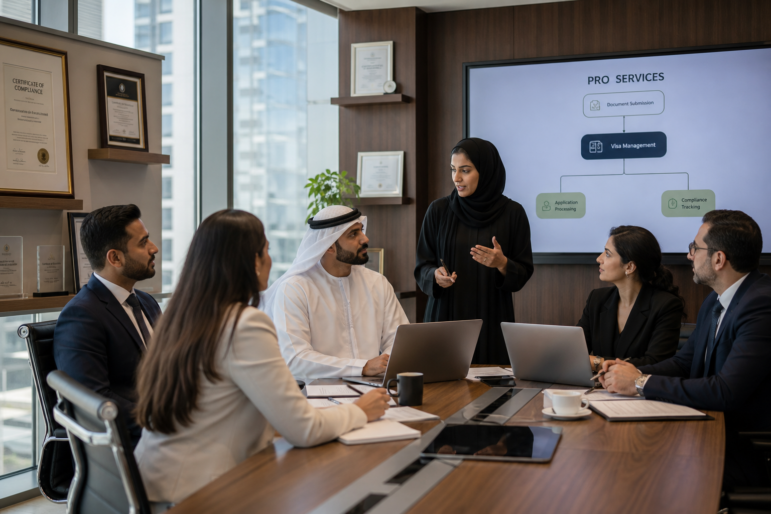 Business consultants presenting a UAE PRO services and corporate visa management workflow in a Dubai office boardroom.