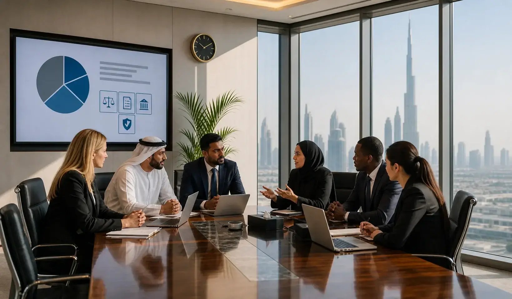 A professional corporate advisory team in a modern Dubai office reviewing business compliance and PRO services data on a tablet