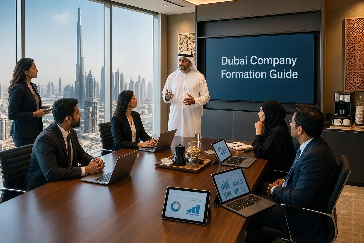 Ashlik business consultants explaining Dubai company formation paperwork and structural options to international corporate investors