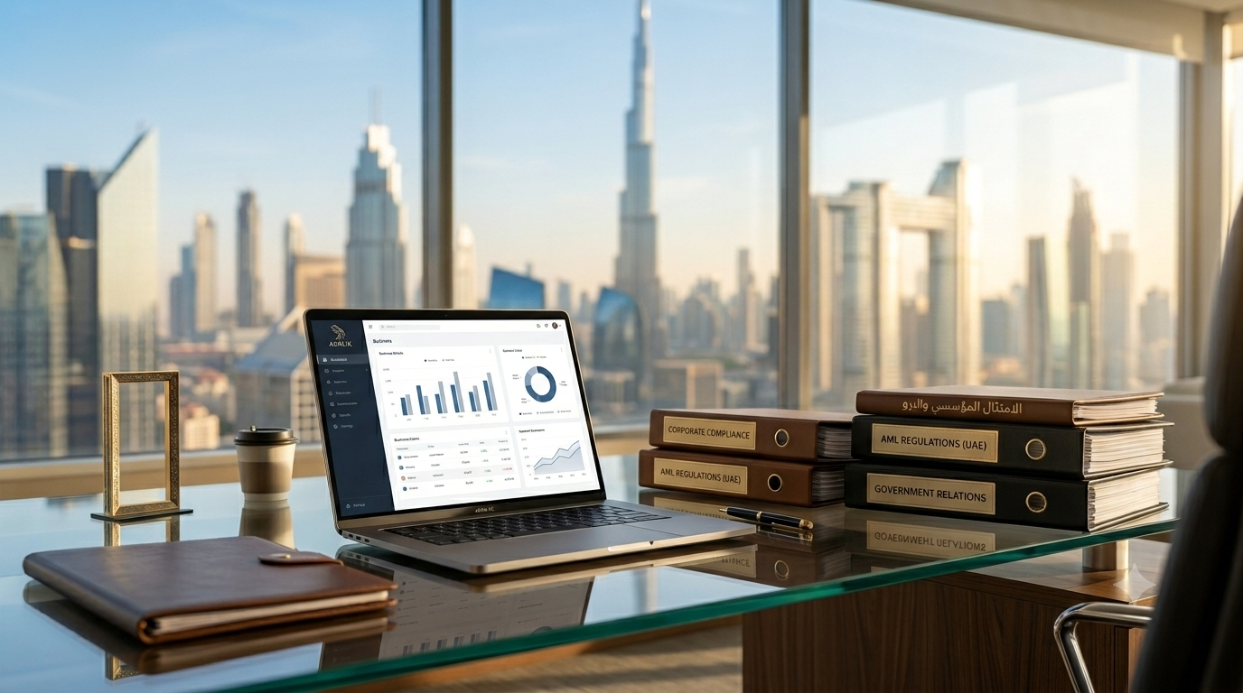 مكتب شركات حديث في دبي يطل على أفق برج خليفة، يضم جهاز كمبيوتر محمول يعرض رسومًا بيانية وملفات تنظيمية حول الامتثال المؤسسي، مكافحة غسل الأموال، وخدمات البرو للشركات.