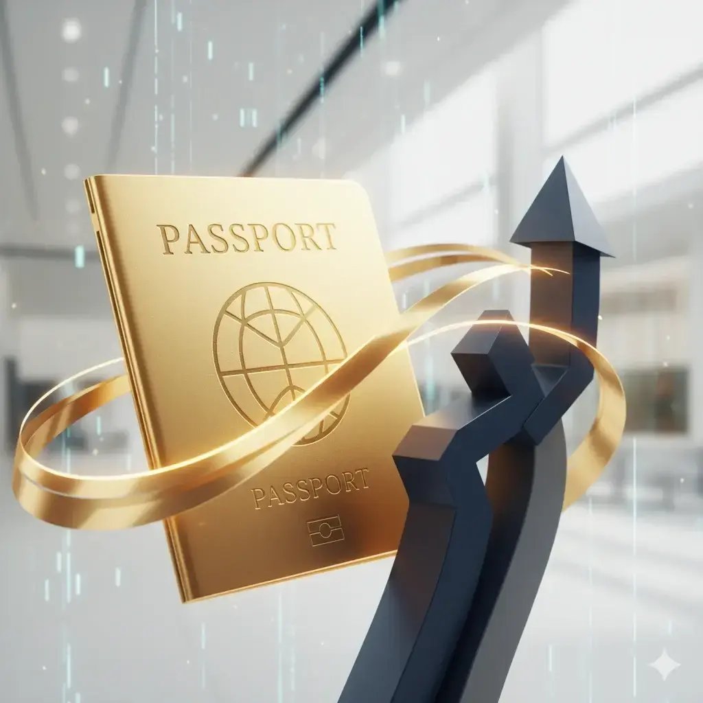 RAKEZ Freezone business setup UAE residency visa illustration, gold aesthetic