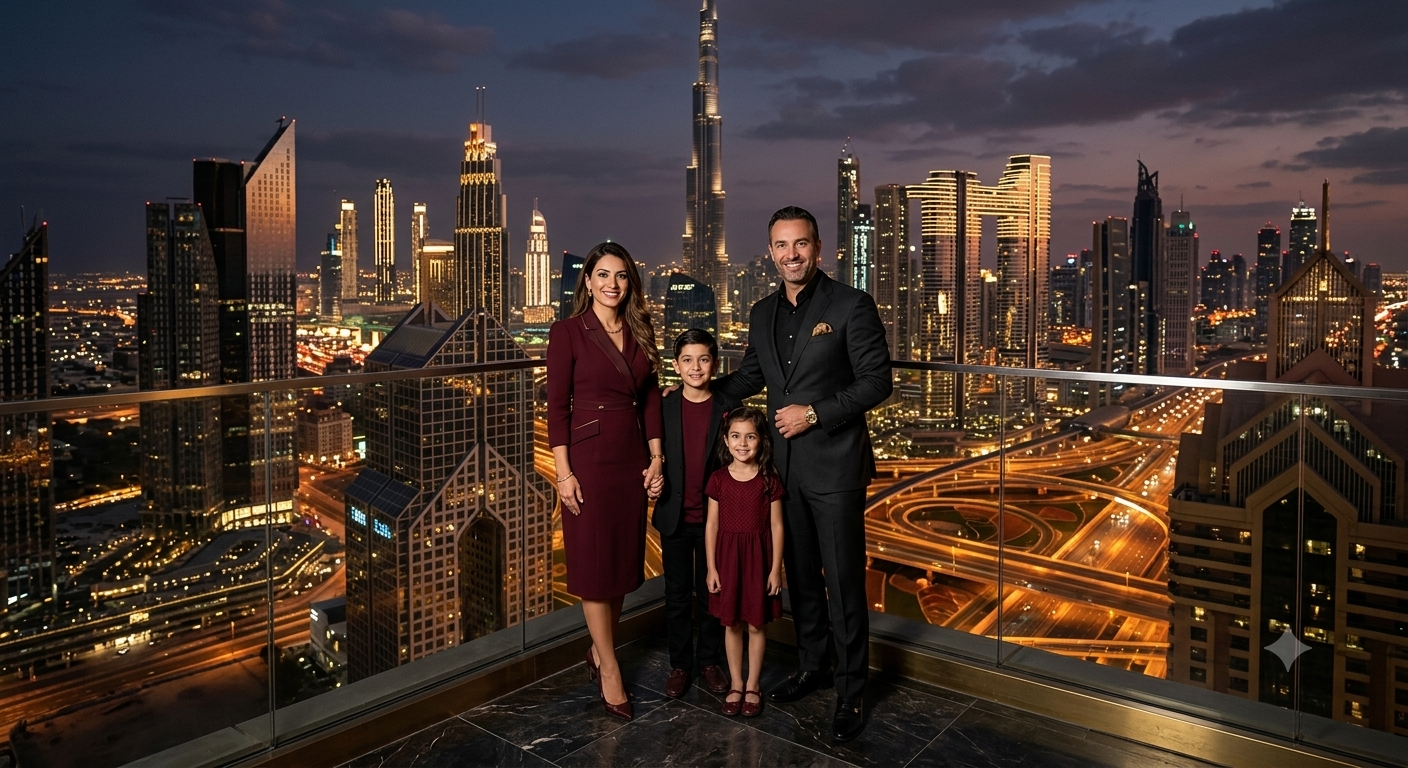Premium family visa sponsorship services in Dubai showcasing a professional corporate family against a gold and maroon accented modern UAE skyline.
