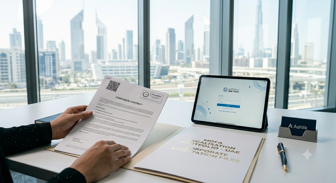 Ashlik professional advisory document layout displaying legal stamps, corporate board resolutions, and a digital device showing UAE Pass login verification for MOFA e-Attestation.