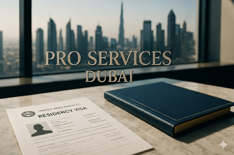 Professional PRO services desk in Dubai office overlooking the city skyline with a UAE residency visa document and a blue notebook.
