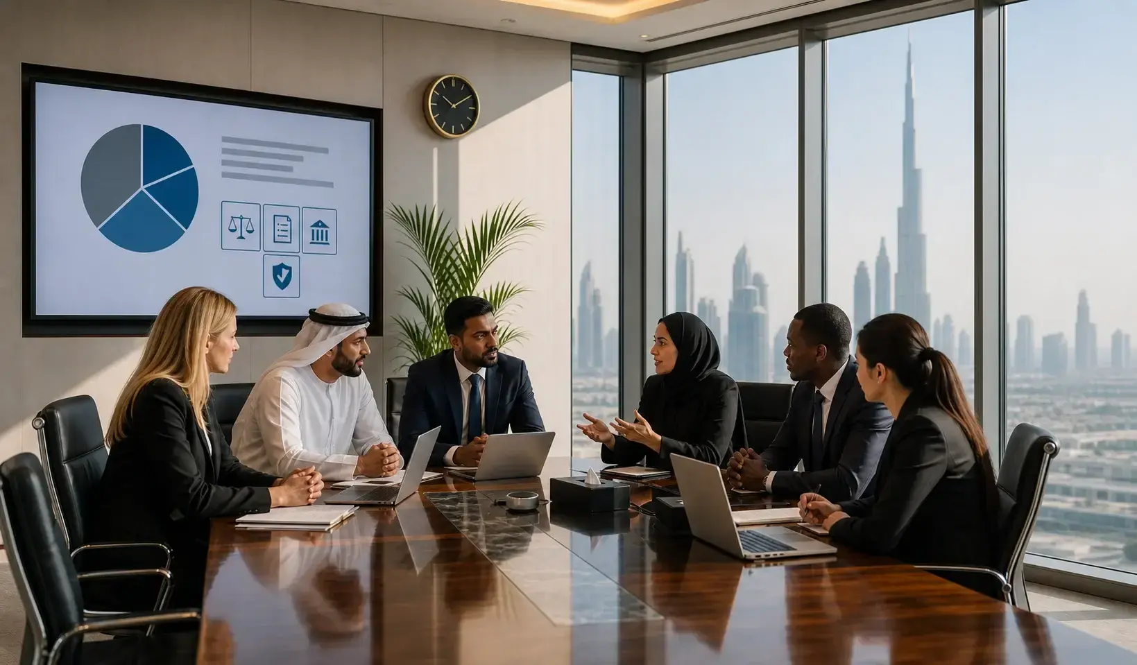 A professional corporate advisory team in a modern Dubai office reviewing business compliance and PRO services data on a tablet