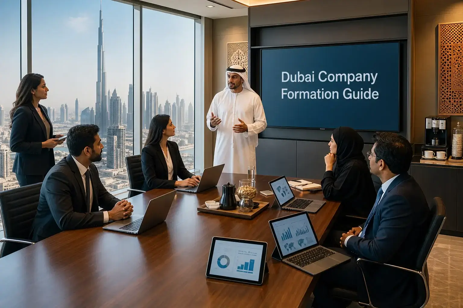 Ashlik business consultants explaining Dubai company formation paperwork and structural options to international corporate investors
