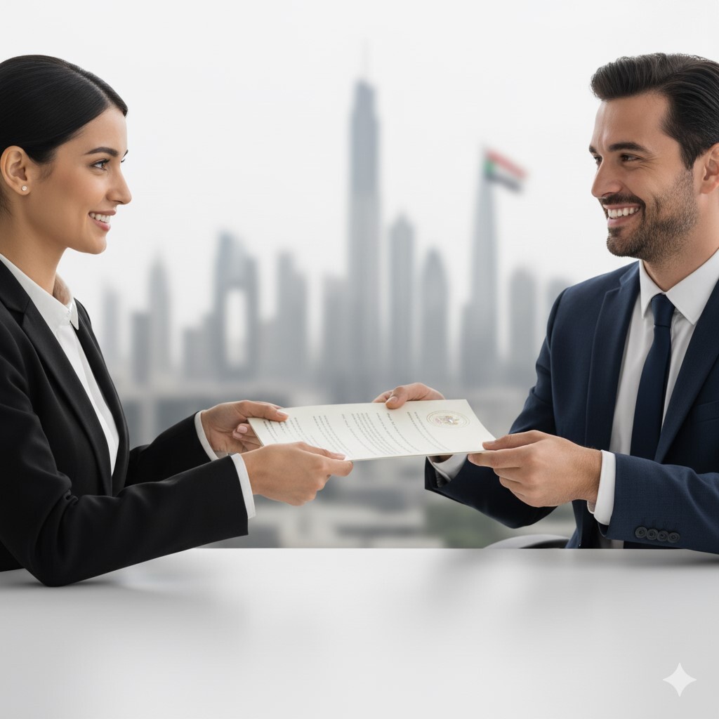 Two smiling Ashlik PRO services consultants exchanging official documents, symbolizing guaranteed swift visa and document compliance in the UAE.