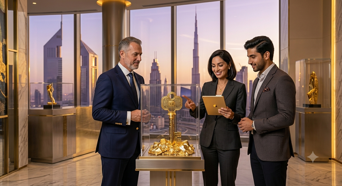 Premium 10-year Golden Visa residency consultancy in Dubai featuring corporate executives around a symbolic golden key inside a luxury penthouse office overlooking the sunset skyline.
