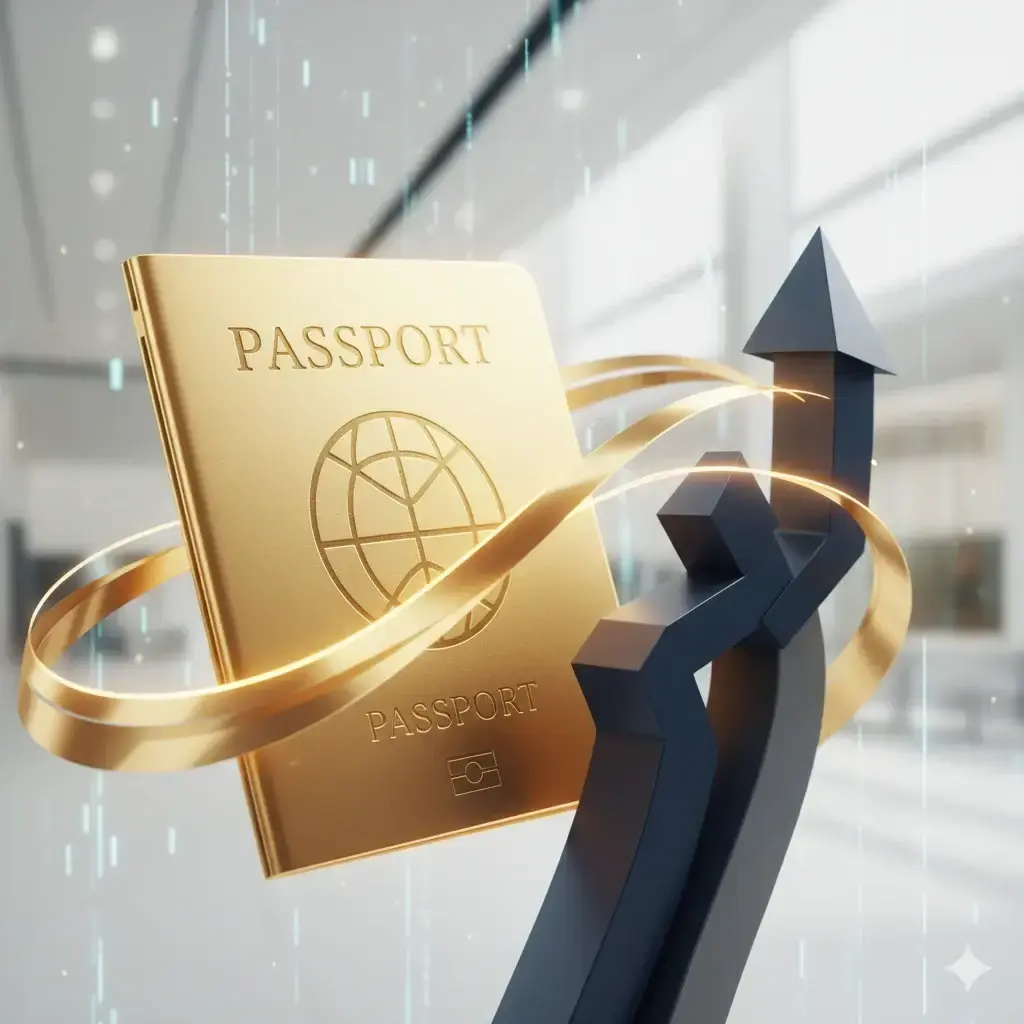 RAKEZ Freezone business setup UAE residency visa illustration, gold aesthetic