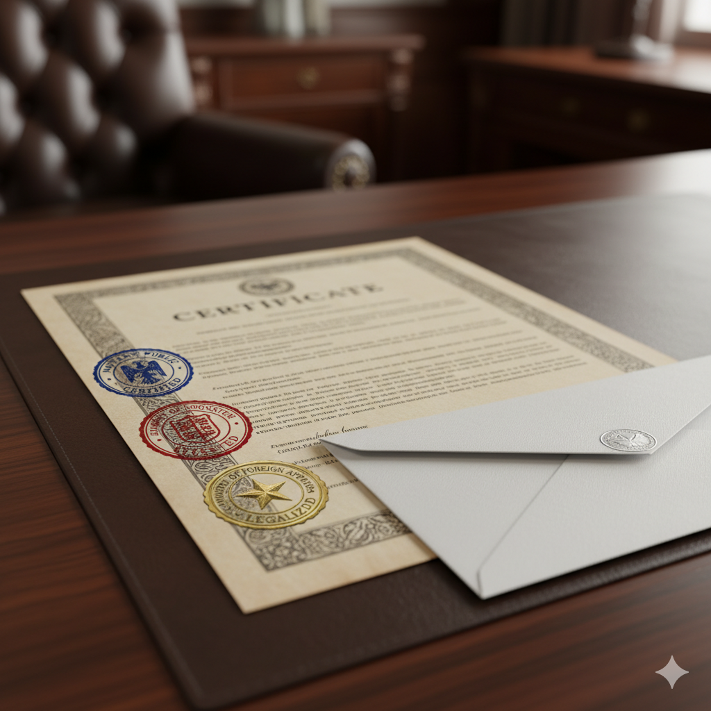 Close-up of a document bearing three sequential legal stamps and a courier envelope, symbolizing the complete and successful multi-step document attestation process.