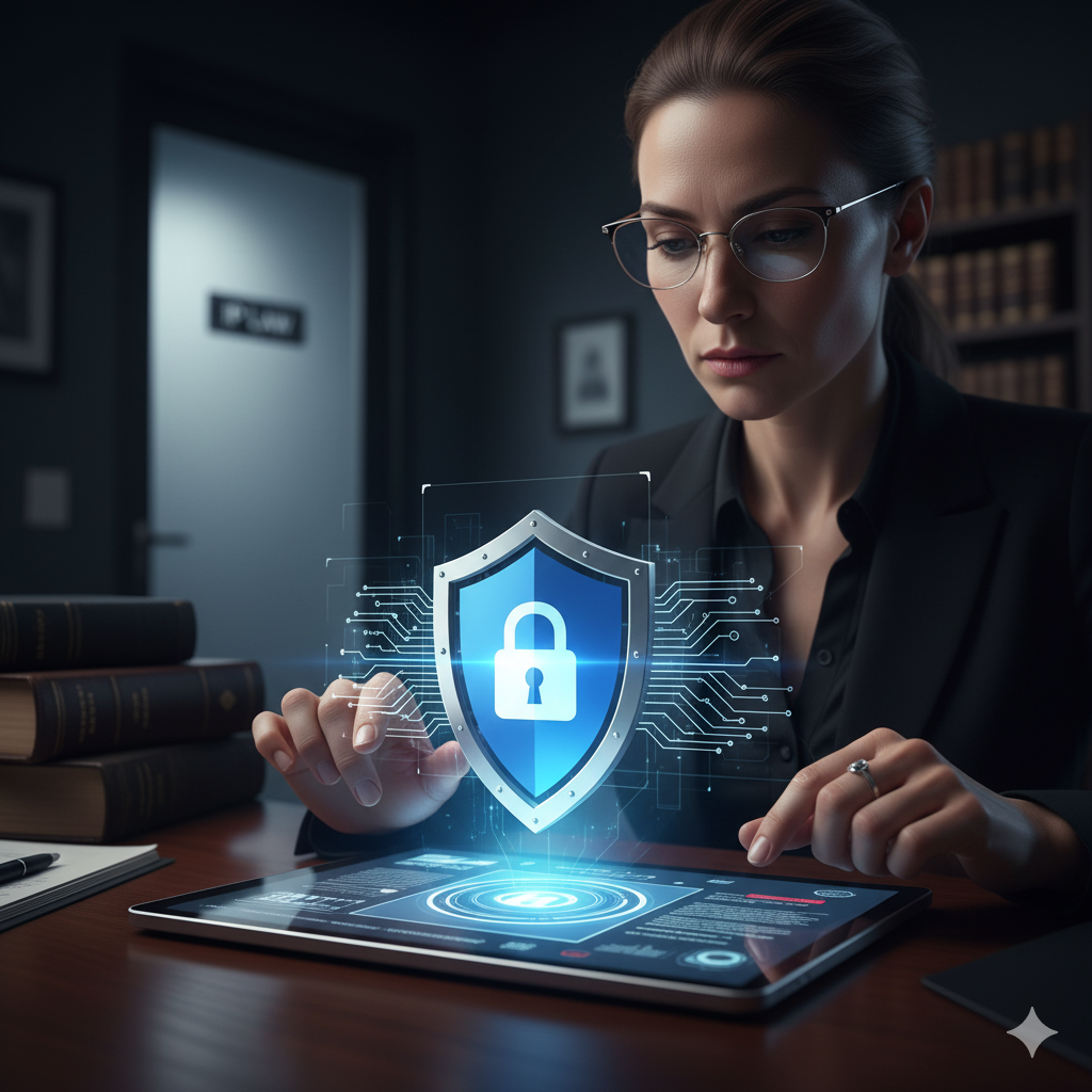 IP legal specialist reviewing trademark documents for brand security