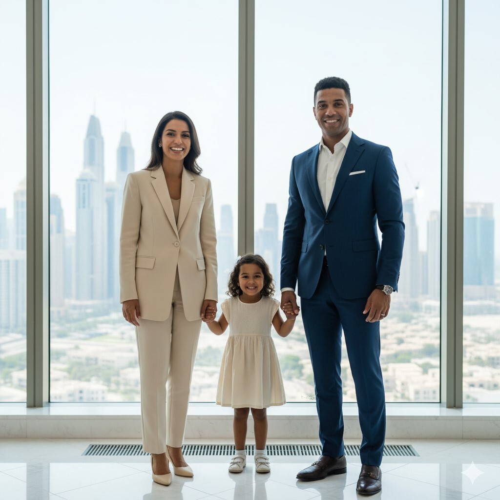 Successful, diverse family (parents and young daughter) smiling confidently in a modern, luxury setting, symbolizing the long-term security and premium lifestyle of the UAE Golden Visa.