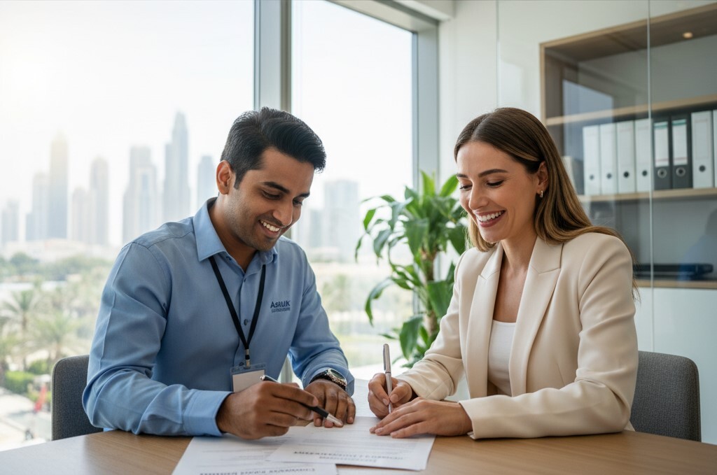 Ashlik consultant and client reviewing company formation documents in a modern Dubai office, symbolizing collaborative business setup. Ashlik consultant and client reviewing company formation documents in a modern Dubai office, symbolizing collaborative business setup.