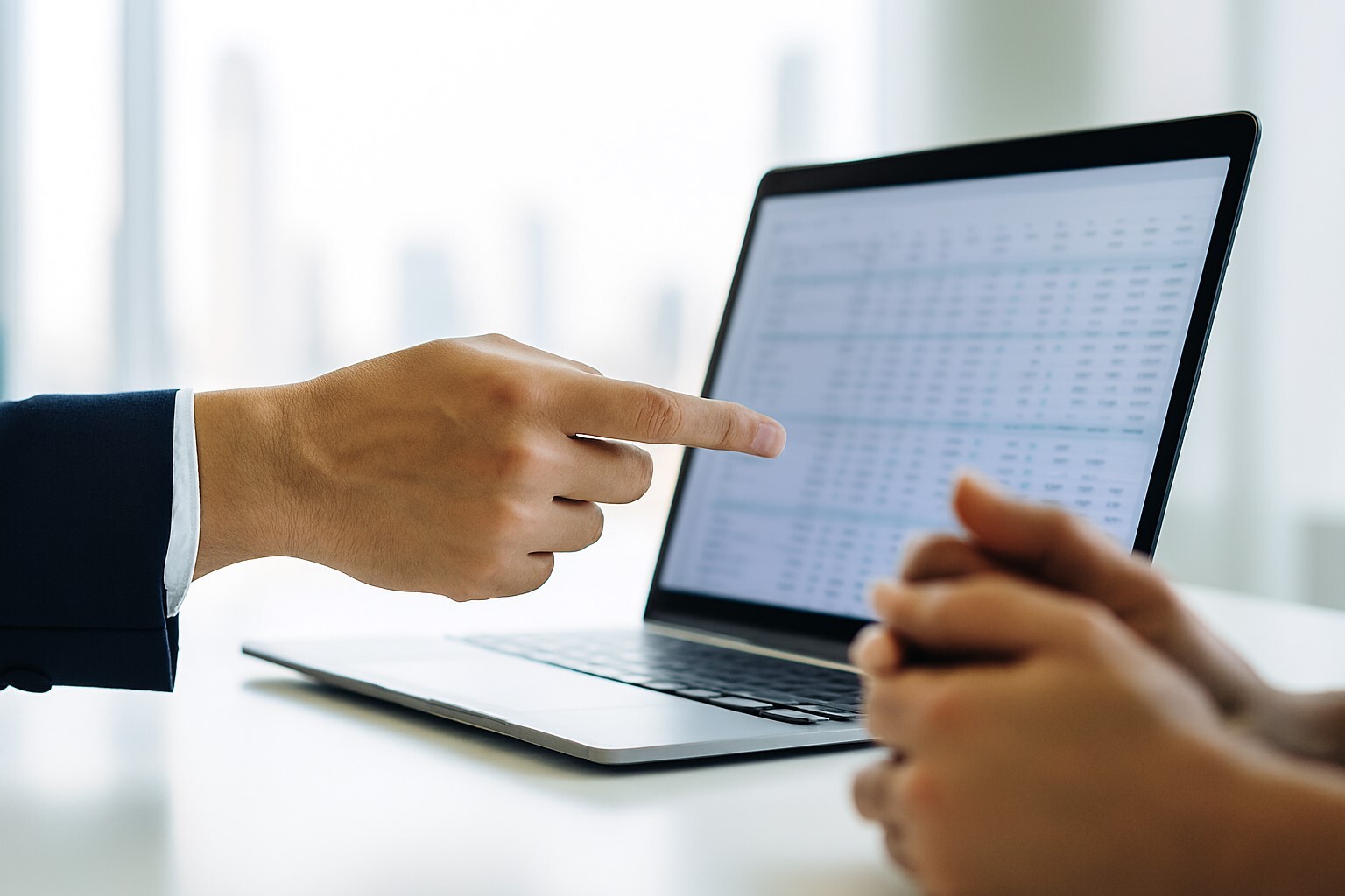 Ashlik tax advisor pointing to a financial spreadsheet on a laptop screen while consulting a client, symbolizing expert advisory and risk-free tax compliance.